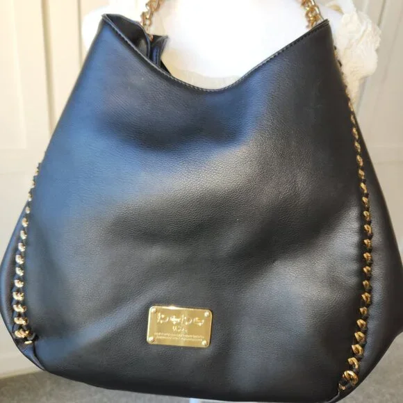 Bebe Black Faux Leather Bag Purse Large Gold Chains Glam Edgy Maximalism Loud - Picture 4 of 16
